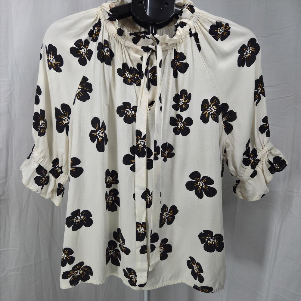 Who What Wear Floral Blouse Women Medium Cream Black Puff Sleeve Tie‎ Neck Boho